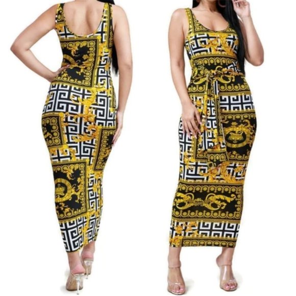 Carlotta Gold Black Medallion Tie Waist Sleeveless Bodycon Midi Dress - Picture 1 of 4